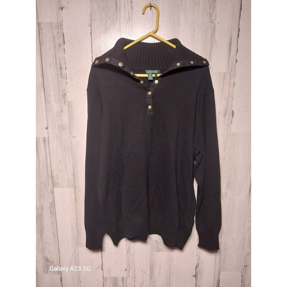 Lauren Ralph Lauren Sweater Gold Snap Long Sleeve Black Turtleneck 3X